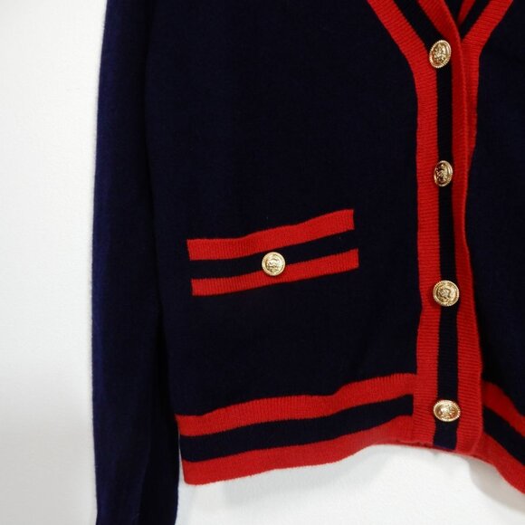 AQUA 100% Cashmere Stripe Trim Novelty Button Cardigan Sweater XXL Navy Red NEW - Picture 7 of 11